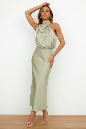 Halter Neck Satin Long Dress