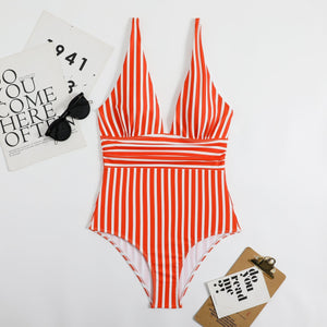 Striped V Neck Retro Swimsuit