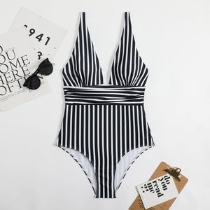 Striped V Neck Retro Swimsuit