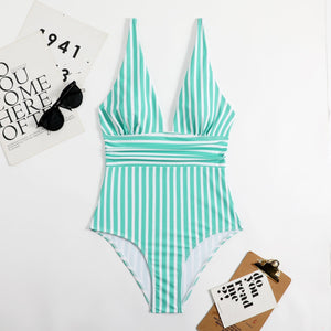 Striped V Neck Retro Swimsuit