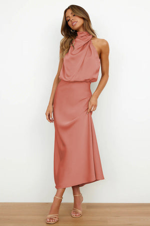 Halter Neck Satin Long Dress