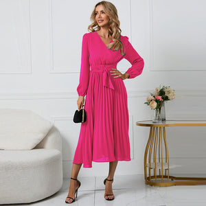 Pleated Midi Dress V-neckline Crossover