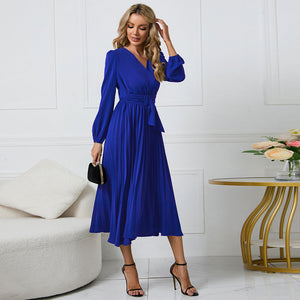 Pleated Midi Dress V-neckline Crossover