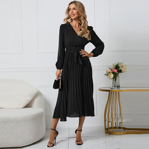 Pleated Midi Dress V-neckline Crossover