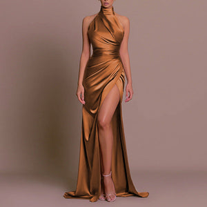 Odessa Satin Halter Neckline Front Slit Dress