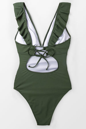 V Neck frilly Straps One Piece Swimsuit